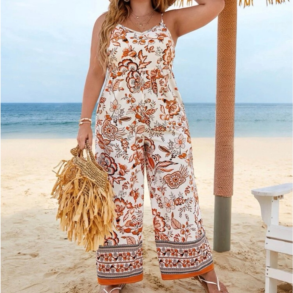 Bohemian Boho Plus Size Floral Paisley Pockets Wide Leg Pants Jumpsuit - Picture 5 of 11